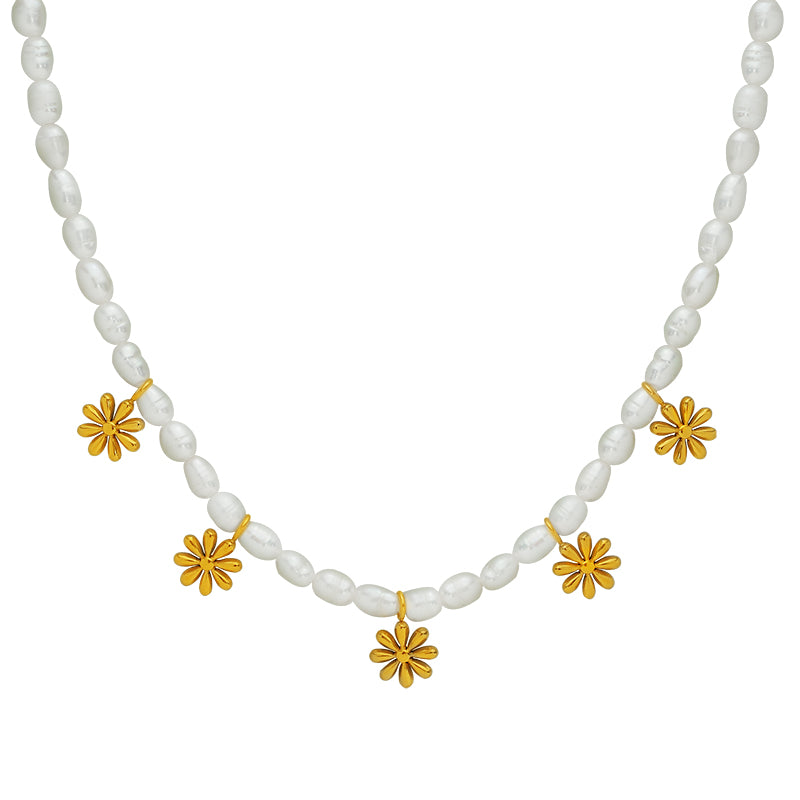 Elegant Chrysanthemum Freshwater Pearl Titanium Steel Beaded Plating 18k Gold Plated Necklace