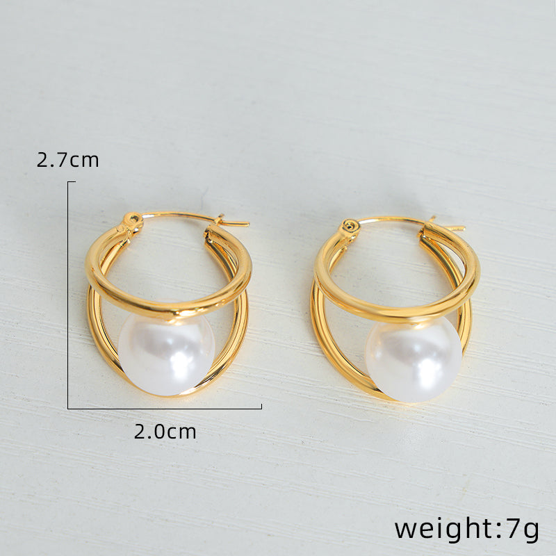 1 Pair Ig Style Simple Style Solid Color Plating Inlay Titanium Steel Pearl 18k Gold Plated Earrings