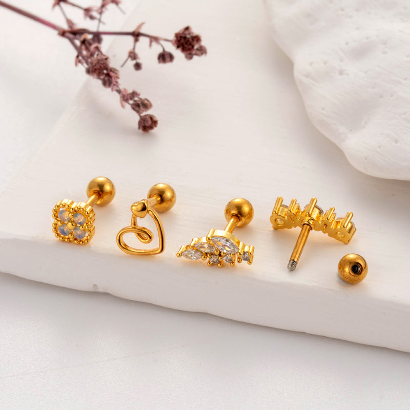 1 Piece Simple Style Classic Style Pentagram Heart Shape Flower Plating Inlay Stainless Steel Zircon 18k Gold Plated Ear Studs