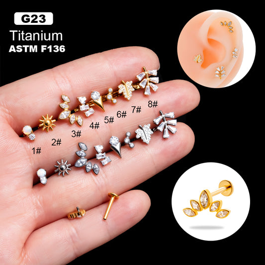 1 Piece Simple Style Korean Style Geometric Flower Plating Inlay Titanium Alloy Zircon 18k Gold Plated Lip Stud Ear Studs