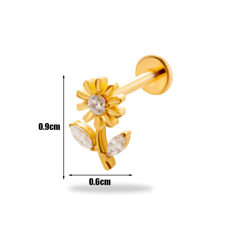 1 Piece Simple Style Korean Style Flower Plating Inlay Titanium Alloy Zircon 18k Gold Plated Lip Stud Ear Studs