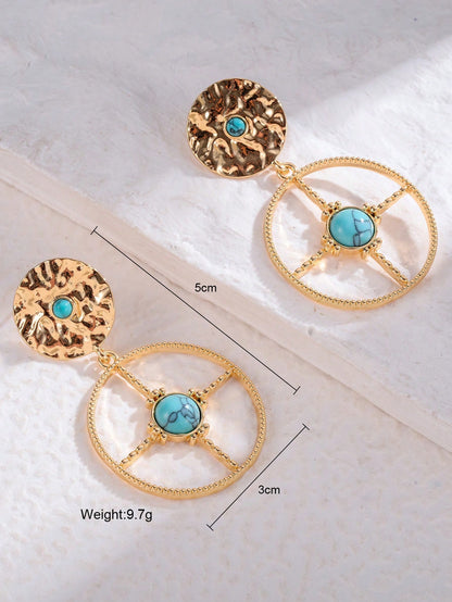 1 Pair Retro Ethnic Style Bohemian Geometric Round Plating Inlay Alloy Turquoise Drop Earrings