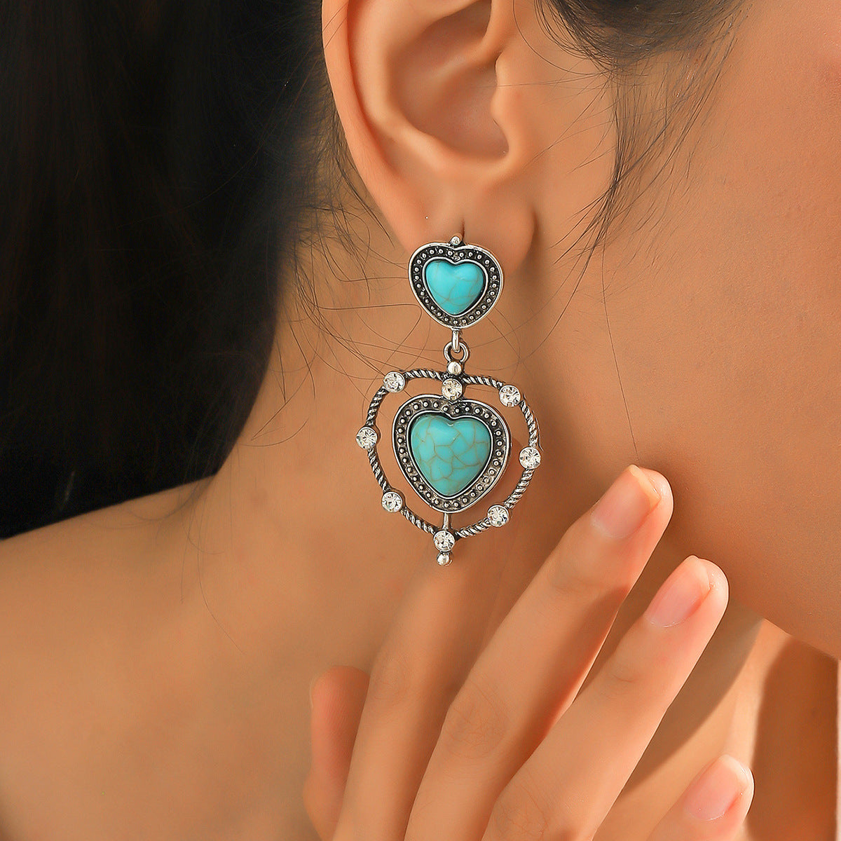 1 Pair Ethnic Style Heart Shape Inlay Alloy Turquoise Drop Earrings