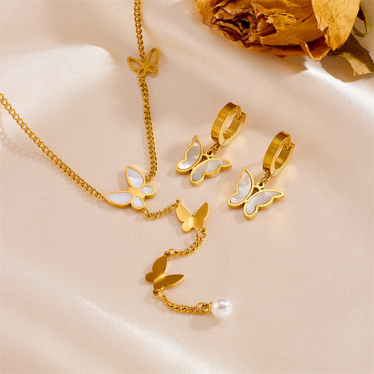 Elegant Simple Style Butterfly Stainless Steel Plating Inlay Artificial Pearls Shell 18k Gold Plated Earrings Necklace