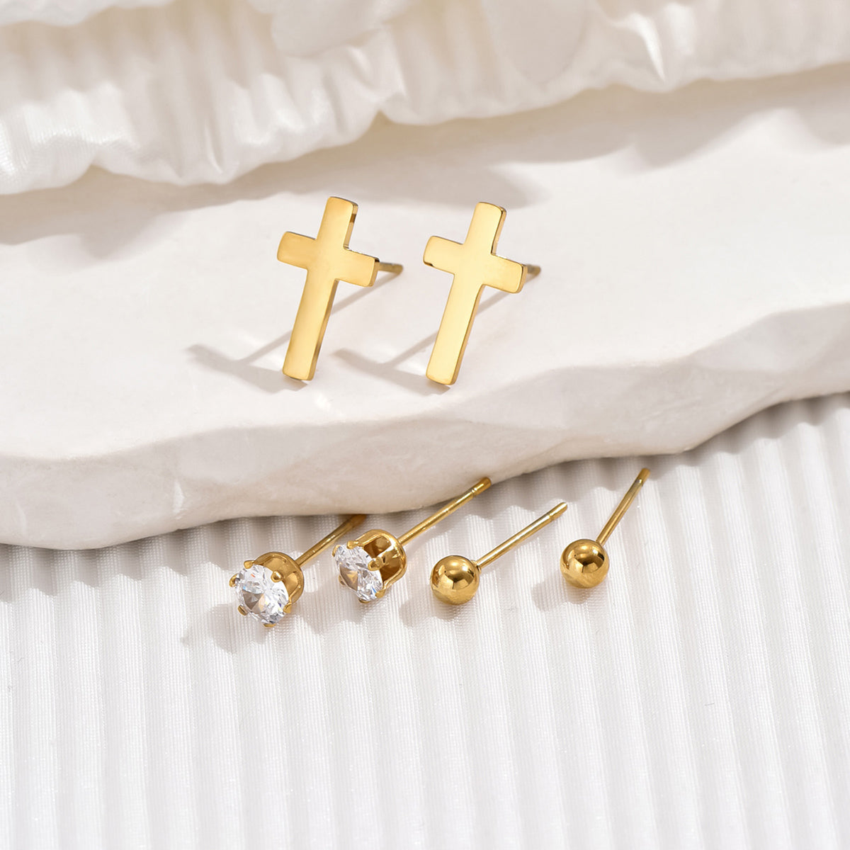 1 Set Simple Style Cross Round Plating Inlay Stainless Steel Zircon 14k Gold Plated Ear Studs