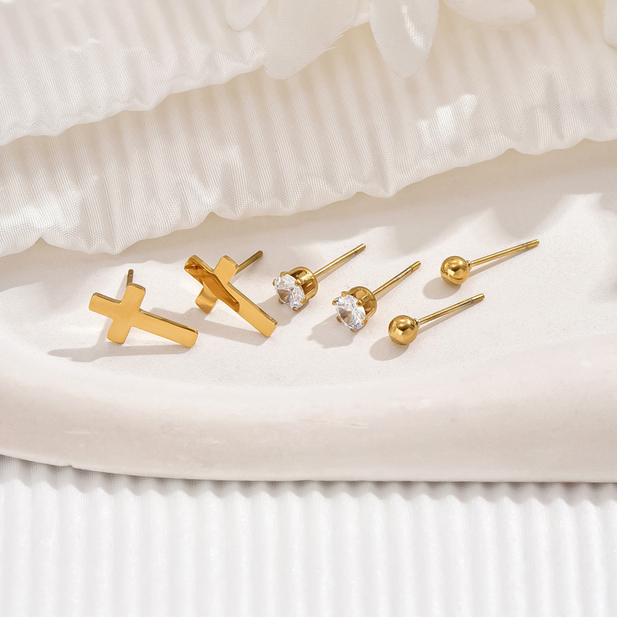 1 Set Simple Style Cross Round Plating Inlay Stainless Steel Zircon 14k Gold Plated Ear Studs