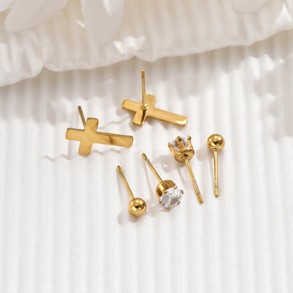 1 Set Simple Style Cross Round Plating Inlay Stainless Steel Zircon 14k Gold Plated Ear Studs