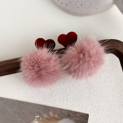 1 Pair Princess Cute Heart Shape Cloth Hairball Drop Earrings