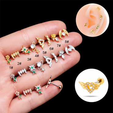 1 Piece Simple Style Classic Style Heart Shape Wings Flower Plating Inlay Stainless Steel Zircon 18k Gold Plated Ear Studs