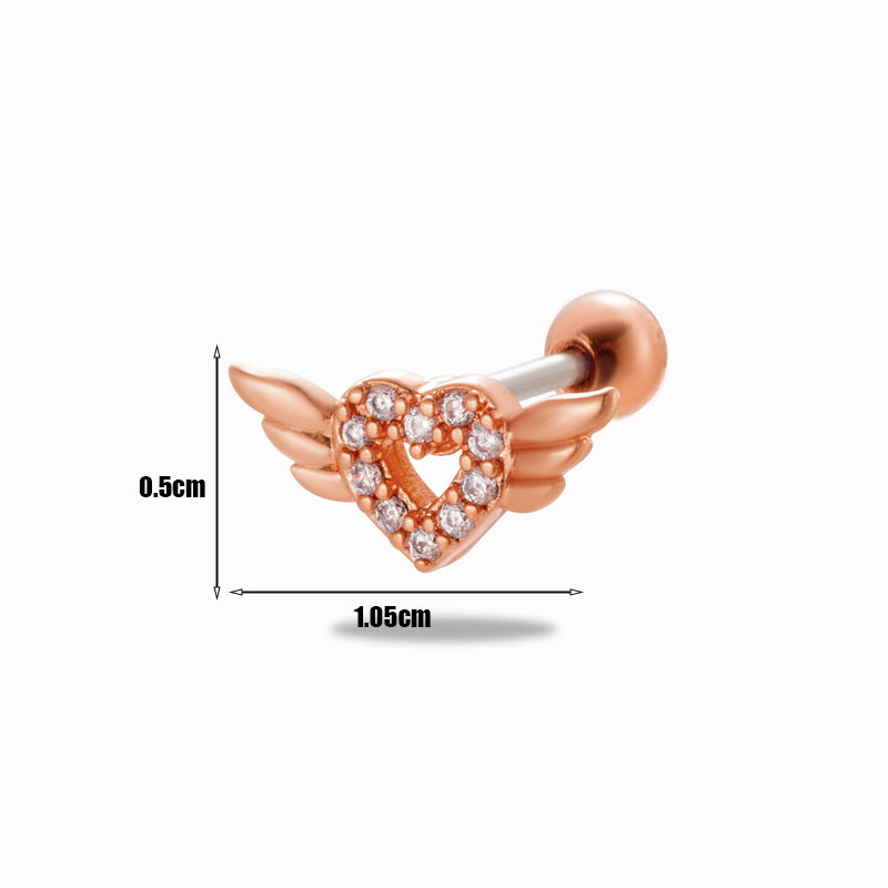 1 Piece Simple Style Classic Style Heart Shape Wings Flower Plating Inlay Stainless Steel Zircon 18k Gold Plated Ear Studs