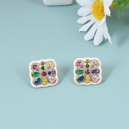 1 Pair Sweet Geometric Enamel Copper Zircon Ear Studs