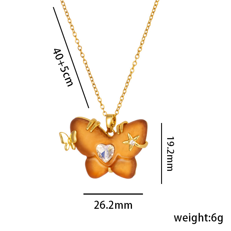 Cute Lady Butterfly Stainless Steel Plating Inlay Resin 18k Gold Plated Pendant Necklace