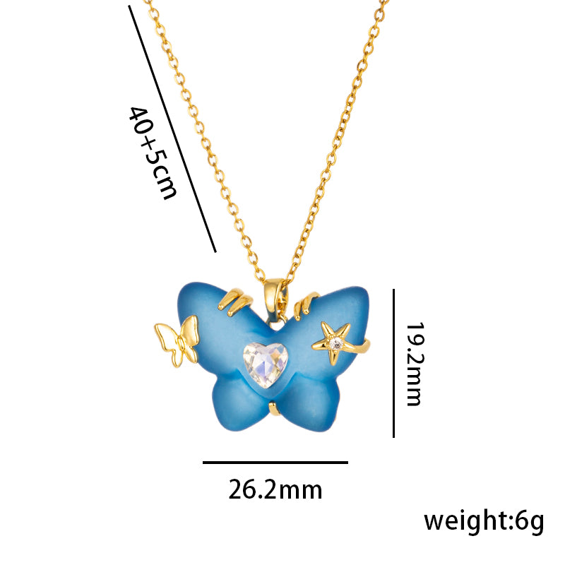 Cute Lady Butterfly Stainless Steel Plating Inlay Resin 18k Gold Plated Pendant Necklace