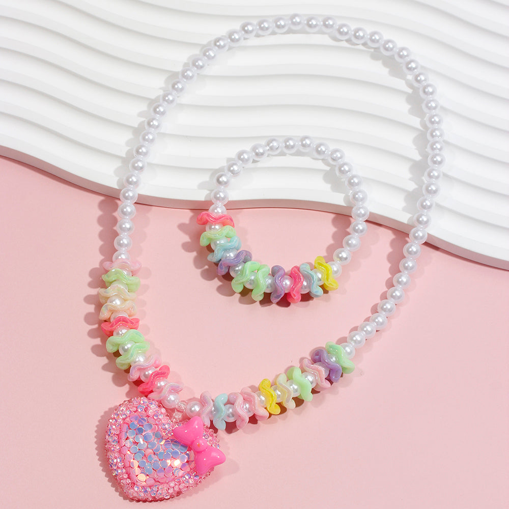 Princess Cute Heart Shape Bow Knot Beaded Arylic Resin Girl's Bracelets Necklace