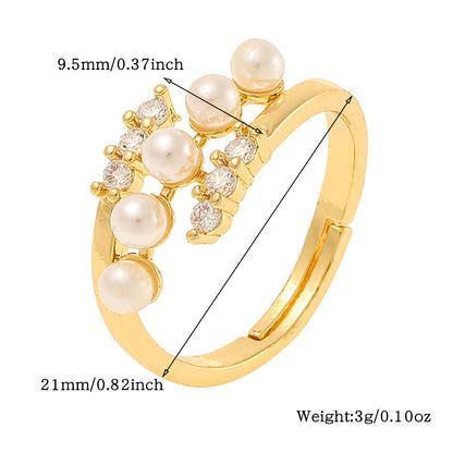 Lady Heart Shape Copper Plating Inlay Artificial Pearls Zircon Open Rings