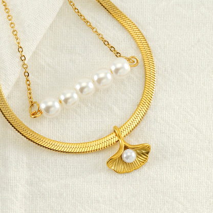 Ig Style Elegant Geometric Stainless Steel Plating Inlay Artificial Pearls 18k Gold Plated Layered Necklaces