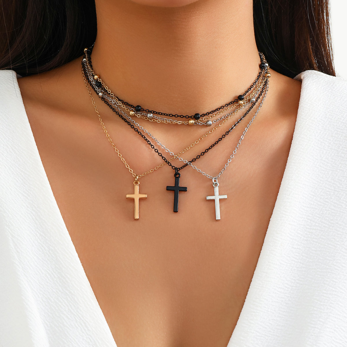 Punk Simple Style Classic Style Cross Alloy Copper Spray Paint Layered Chain Women's Double Layer Necklaces