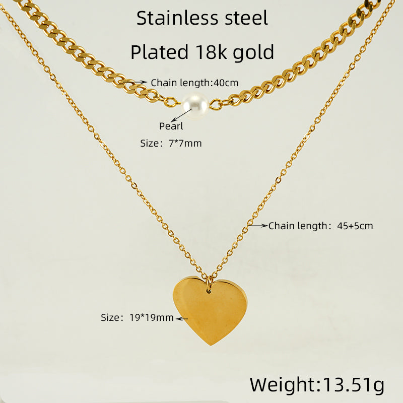 Ig Style Elegant Geometric Stainless Steel Plating Inlay Artificial Pearls 18k Gold Plated Layered Necklaces