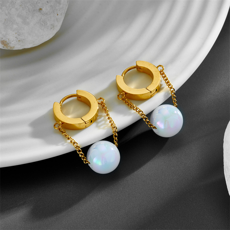 Elegant Simple Style Round Titanium Steel Plating Chain Inlay Pearl 18k Gold Plated Earrings Necklace