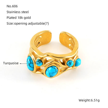 Simple Style Round Stainless Steel Plating Inlay Natural Stone 18k Gold Plated Open Rings