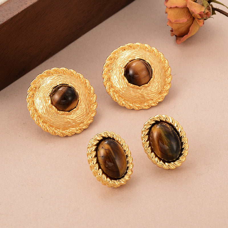 1 Pair Elegant Vintage Style French Style Round Oval Copper Tiger Eye 18k Gold Plated Ear Studs