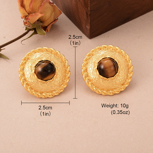 1 Pair Elegant Vintage Style French Style Round Oval Copper Tiger Eye 18k Gold Plated Ear Studs