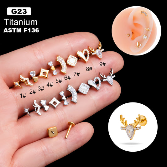 1 Piece Simple Style Korean Style Star Heart Shape Plating Inlay Titanium Alloy Zircon 18k Gold Plated Lip Stud Ear Studs