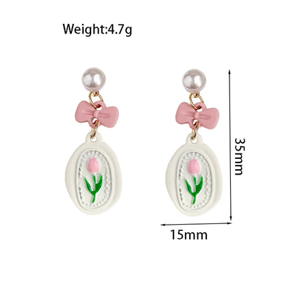 1 Pair Sweet Flower Bow Knot Stoving Varnish Inlay Alloy Artificial Pearls Drop Earrings