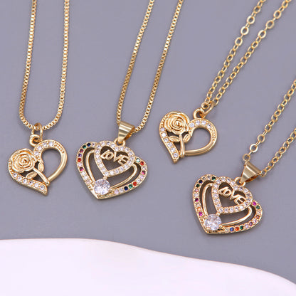 Elegant Romantic Shiny Love Heart Shape Rose Copper Plating Metal Inlay Zircon 18k Gold Plated Pendant Necklace