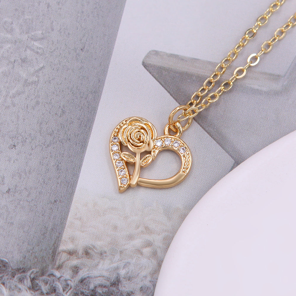 Elegant Romantic Shiny Love Heart Shape Rose Copper Plating Metal Inlay Zircon 18k Gold Plated Pendant Necklace