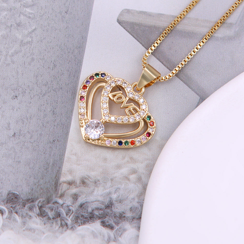 Elegant Romantic Shiny Love Heart Shape Rose Copper Plating Metal Inlay Zircon 18k Gold Plated Pendant Necklace