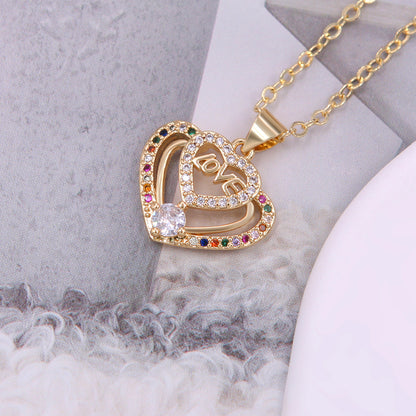 Elegant Romantic Shiny Love Heart Shape Rose Copper Plating Metal Inlay Zircon 18k Gold Plated Pendant Necklace