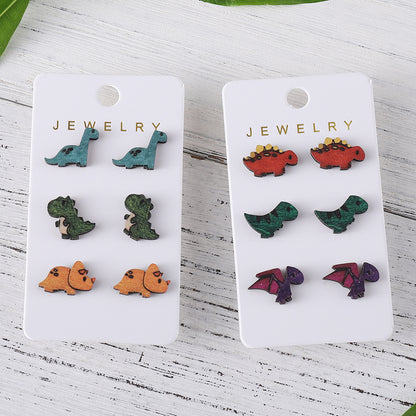 Wholesale Jewelry Retro Dinosaur Wood Printing Ear Studs