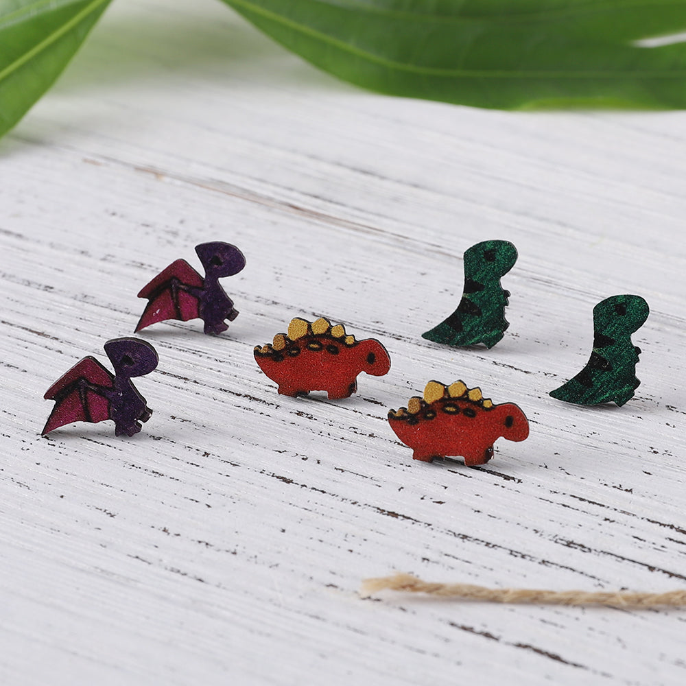 Wholesale Jewelry Retro Dinosaur Wood Printing Ear Studs