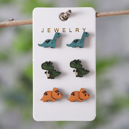 Wholesale Jewelry Retro Dinosaur Wood Printing Ear Studs