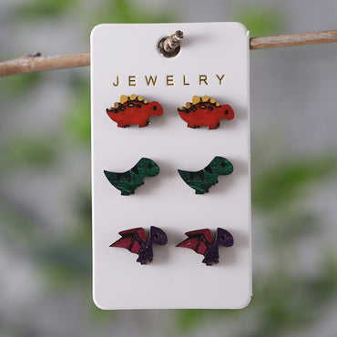 Wholesale Jewelry Retro Dinosaur Wood Printing Ear Studs