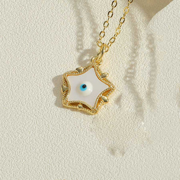 Simple Style Pentagram Devil's Eye Copper Enamel Plating Laser Shell Zircon 14k Gold Plated Pendant Necklace