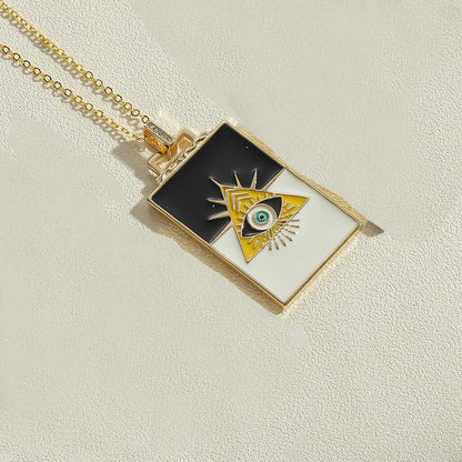 Fashion Devil's Eye Rectangle Copper Enamel Plating Laser Zircon 14k Gold Plated Pendant Necklace