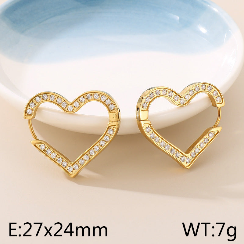 1 Pair Basic Heart Shape Inlay Titanium Steel Zircon Earrings