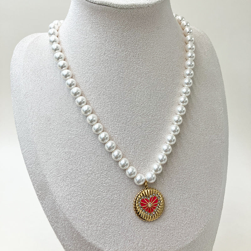 Elegant Sweet Heart Shape Stainless Steel Enamel Pearl Plating Pendant Necklace