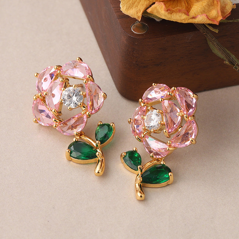 1 Pair Sweet Rose Plating Inlay Copper Zircon 18k Gold Plated Ear Studs