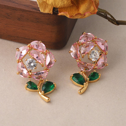 1 Pair Sweet Rose Plating Inlay Copper Zircon 18k Gold Plated Ear Studs