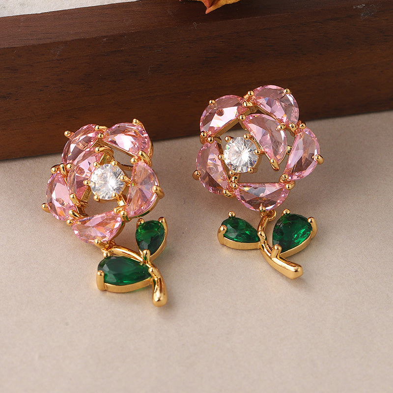 1 Pair Sweet Rose Plating Inlay Copper Zircon 18k Gold Plated Ear Studs