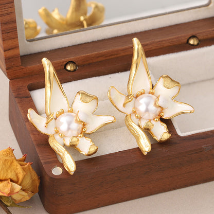 1 Pair Vintage Style Flower Enamel Plating Inlay Copper Pearl 18k Middle Ancient Gold Ear Studs