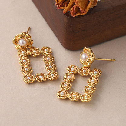 1 Pair Vintage Style Square Plating Inlay Copper Pearl 18k Middle Ancient Gold Drop Earrings