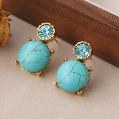 1 Pair Vintage Style Tortoise Plating Inlay Copper Turquoise Rhinestones 18k Middle Ancient Gold Drop Earrings