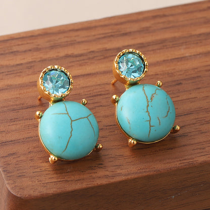 1 Pair Vintage Style Tortoise Plating Inlay Copper Turquoise Rhinestones 18k Middle Ancient Gold Drop Earrings