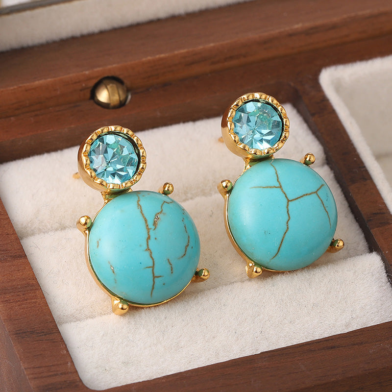 1 Pair Vintage Style Tortoise Plating Inlay Copper Turquoise Rhinestones 18k Middle Ancient Gold Drop Earrings