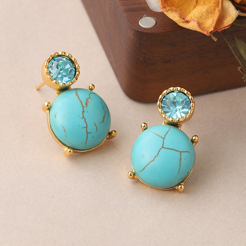 1 Pair Vintage Style Tortoise Plating Inlay Copper Turquoise Rhinestones 18k Middle Ancient Gold Drop Earrings