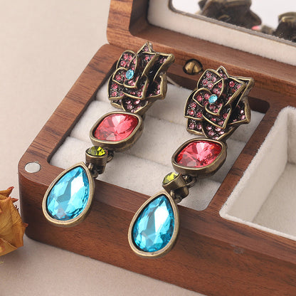 1 Pair Vintage Style Camellia Plating Inlay Ancient Bronze Rhinestones Glass Ancient Bronze Earrings